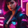 A Cyberpunk Girl with short dark hair wears a black jacket featuring neon designs, standing in a vibrant setting illuminated by pink and purple neon lights. Fantasy art poster available in A1 to A4 sizes.