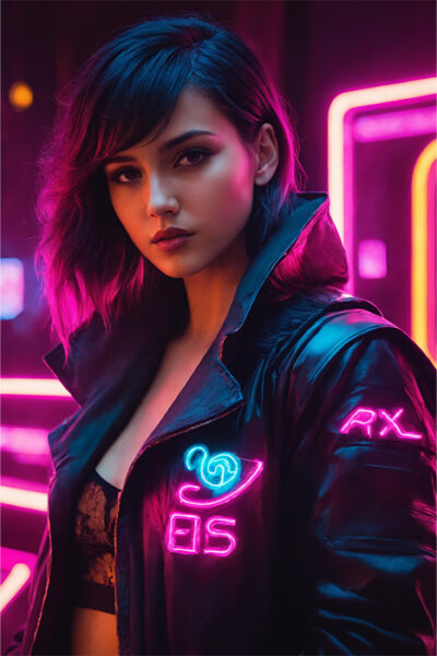 A Cyberpunk Girl with short dark hair wears a black jacket featuring neon designs, standing in a vibrant setting illuminated by pink and purple neon lights. Fantasy art poster available in A1 to A4 sizes.