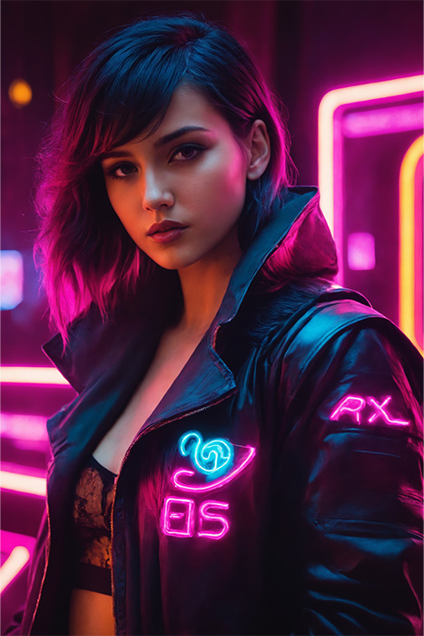 product-image-2-3 A Cyberpunk Girl with short dark hair wears a black jacket featuring neon designs, standing in a vibrant setting illuminated by pink and purple neon lights. Fantasy art poster available in A1 to A4 sizes.