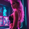 A Cyberpunk Girl with long, pastel purple hair poses in a neon-lit room, wearing black lingerie and looking over her shoulder toward the camera. Fantasy art poster available in A1 to A4 sizes.