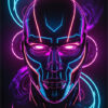 Futuristic humanoid face with glowing neon blue and pink lines on a dark background, surrounded by swirling light effects. Fantasy art poster available in A1 to A4 sizes.