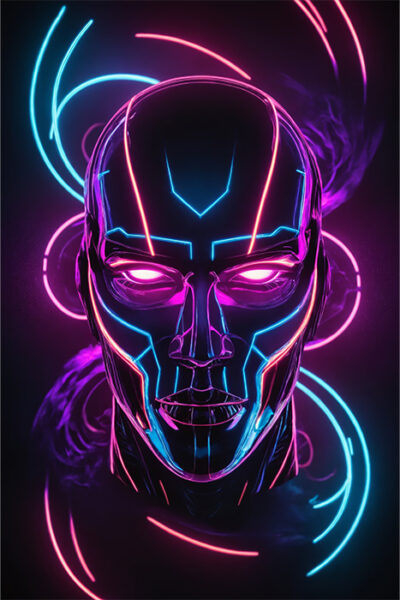 Futuristic humanoid face with glowing neon blue and pink lines on a dark background, surrounded by swirling light effects. Fantasy art poster available in A1 to A4 sizes.