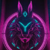 Neon artwork of a stylized lynx head with glowing pink and teal lines, framed by two concentric neon circles against a dark background. Fantasy art poster available in A1 to A4 sizes.