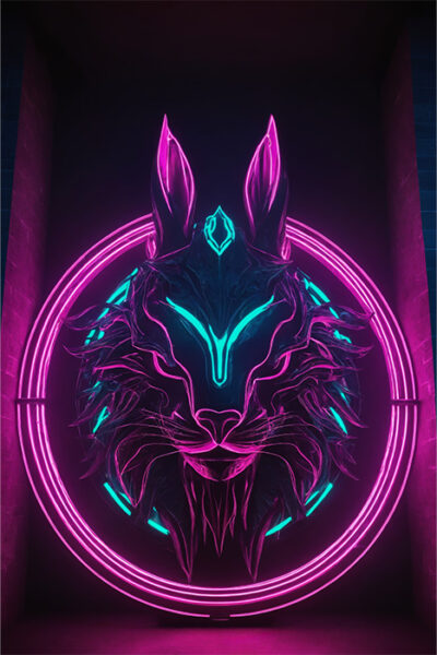 Neon artwork of a stylized lynx head with glowing pink and teal lines, framed by two concentric neon circles against a dark background. Fantasy art poster available in A1 to A4 sizes.
