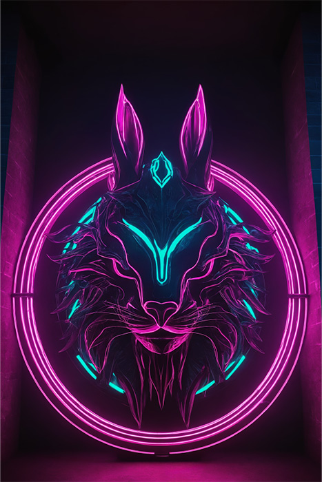 product-image-2-3 Neon artwork of a stylized lynx head with glowing pink and teal lines, framed by two concentric neon circles against a dark background. Fantasy art poster available in A1 to A4 sizes.
