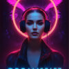 A woman wearing headphones and a black jacket stands in front of a neon halo with pink wings. The word DREAMSCAPE glows in blue at the bottom. The background is dark and cosmic. Music poster print available in A1 to A4 sizes.
