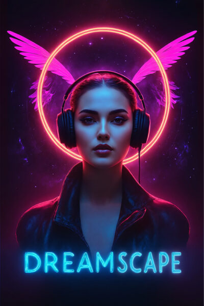 A woman wearing headphones and a black jacket stands in front of a neon halo with pink wings. The word DREAMSCAPE glows in blue at the bottom. The background is dark and cosmic. Music poster print available in A1 to A4 sizes.