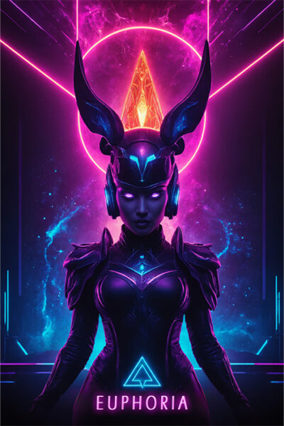 A futuristic, armored female figure with glowing purple eyes stands beneath a neon pink triangle and halo, with the word EUPHORIA and a triangle symbol at the bottom. Fantasy art poster available in A1 to A4 sizes.