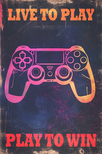 A stylized illustration of a video game controller with the phrases Live to Play at the top and Play to Win at the bottom in bold letters, perfect as a Gaming Poster for any enthusiast. Poster print available in A1 to A4 sizes.