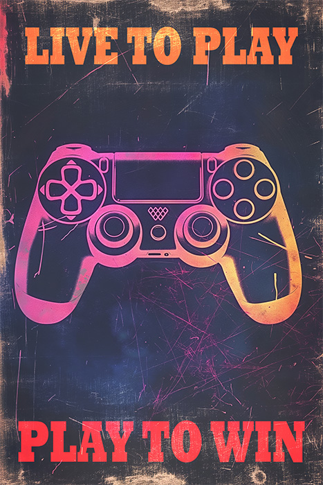 product-image-2-3 A stylized illustration of a video game controller with the phrases Live to Play at the top and Play to Win at the bottom in bold letters, perfect as a Gaming Poster for any enthusiast. Poster print available in A1 to A4 sizes.