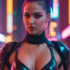 A Cyberpunk Girl with purple hair in a ponytail wears black futuristic armour, standing in a neon-lit urban environment at night. Fantasy art poster available in A1 to A4 sizes.