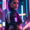 A Cyberpunk Girl in a futuristic leather outfit stands in a neon-lit city street at night, looking over her shoulder with glowing lights on her sleeve. Fantasy art poster available in A1 to A4 sizes.