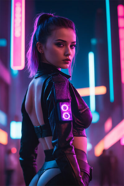 A Cyberpunk Girl in a futuristic leather outfit stands in a neon-lit city street at night, looking over her shoulder with glowing lights on her sleeve. Fantasy art poster available in A1 to A4 sizes.
