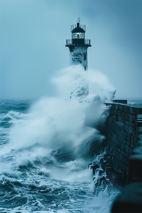 Large waves crash against a stone pier and lighthouse during a storm, sending spray into the air under overcast skies. Nature and landscape print available in A1 to A4 sizes.