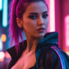 A cyberpunk girl with magenta hair in a ponytail wears a black leather jacket, standing in a neon-lit urban setting at night. Fantasy art poster available in A1 to A4 sizes.