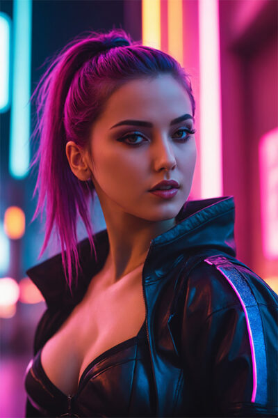 A cyberpunk girl with magenta hair in a ponytail wears a black leather jacket, standing in a neon-lit urban setting at night. Fantasy art poster available in A1 to A4 sizes.