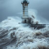 Large waves crash against a lighthouse during a storm, with turbulent water and overcast skies creating a dramatic, intense scene. Nature and landscape print available in A1 to A4 sizes.