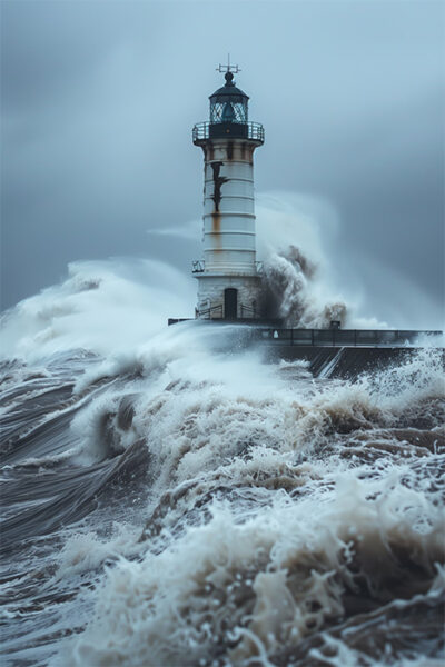 Large waves crash against a lighthouse during a storm, with turbulent water and overcast skies creating a dramatic, intense scene. Nature and landscape print available in A1 to A4 sizes.