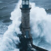 A large wave crashes against a stone lighthouse on a stormy, overcast day, with rough sea and spray surrounding the structure. Nature and landscape print available in A1 to A4 sizes.