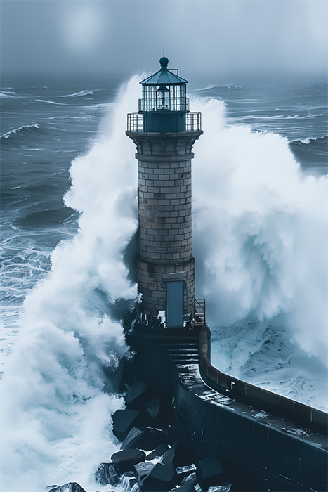 product-image-2-3 A large wave crashes against a stone lighthouse on a stormy, overcast day, with rough sea and spray surrounding the structure. Nature and landscape print available in A1 to A4 sizes.