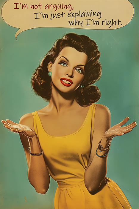 A woman in a yellow dress gestures with her hands, with a speech bubble saying "I'm not arguing, I'm just explaining why I'm right." Funny poster available in A1 to A4 sizes.