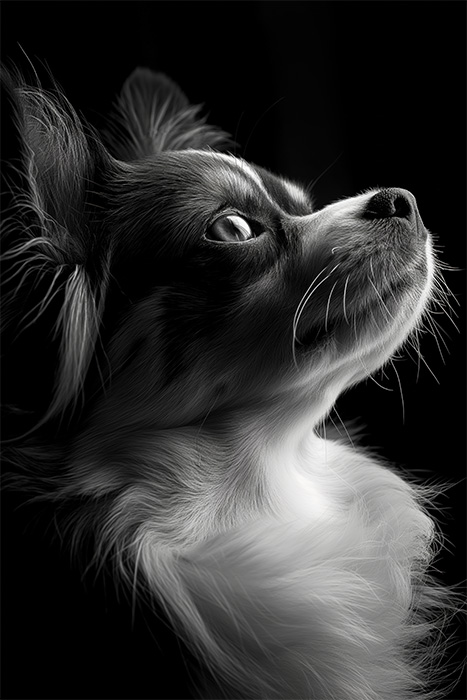 product-image-2-3 A small dog with long fur is shown in profile against a dark background, looking upward with light highlighting its face and neck. Dog print available in A1 to A4 sizes.