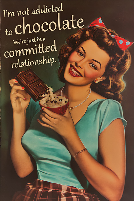 A smiling woman in vintage attire holds a chocolate bar over a cup. Text above reads "I'm not addicted to chocolate. We're just in a committed relationship." Funny poster available in A1 to A4 sizes.