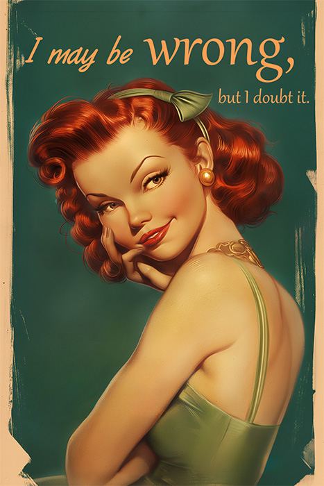 product-image-2-3 A woman with red hair and vintage style poses confidently, with the text "I may be wrong, but I doubt it" written above her. Funny poster available in A1 to A4 sizes.