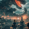 A warrior with a sword and shield faces a massive, menacing dragon looming over a burning cityscape with a tall tower and swirling smoke. Gaming poster available in A1 to A4 sizes.