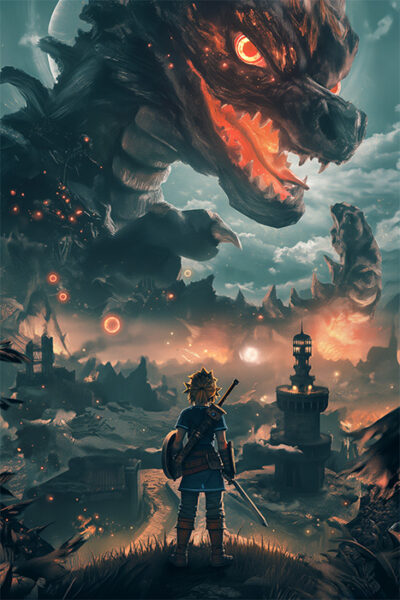 A warrior with a sword and shield faces a massive, menacing dragon looming over a burning cityscape with a tall tower and swirling smoke. Gaming poster available in A1 to A4 sizes.