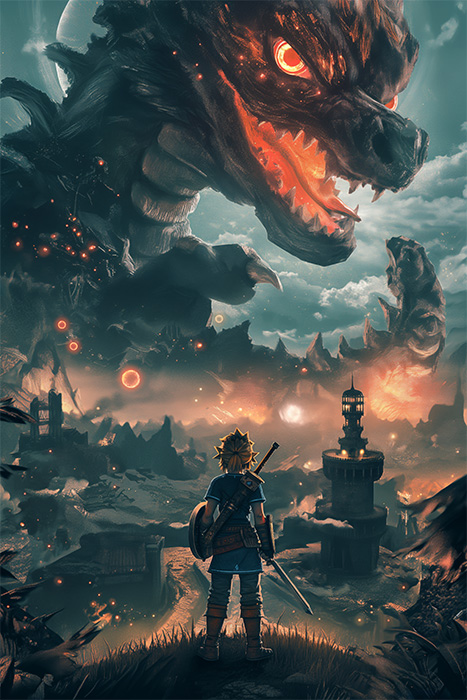 product-image-2-3 A warrior with a sword and shield faces a massive, menacing dragon looming over a burning cityscape with a tall tower and swirling smoke. Gaming poster available in A1 to A4 sizes.