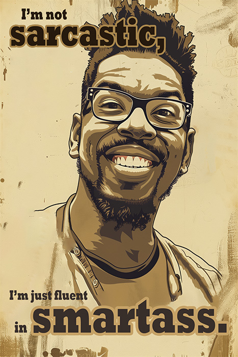 A smiling man wearing glasses is illustrated with the text "I'm not sarcastic, I'm just fluent in smartass." in bold, stylized letters. Funny poster available in A1 to A4 sizes.