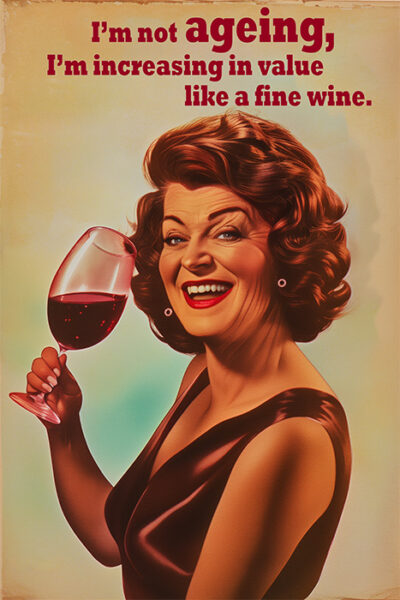 A smiling woman with styled brown hair holds a glass of red wine. Text above reads: Im not ageing, Im increasing in value like a fine wine. Funny poster available in A1 to A4 sizes.