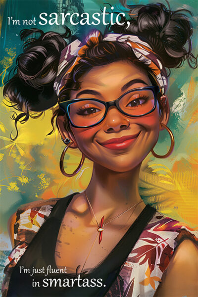 A woman with glasses and hoop earrings smiles confidently. Text on the image reads: Im not sarcastic, Im just fluent in smartass. The background is colourful and artistic. Funny poster available in A1 to A4 sizes.