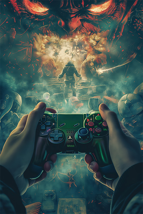 product-image-2-3 A person holds a PlayStation controller, facing a fantasy scene with a lone figure confronting monsters and a large, menacing face in the background. Gaming poster available in A1 to A4 sizes.