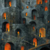 A labyrinth of stone staircases and archways with glowing orange doorways; silhouetted figures stand or walk throughout the maze-like structure. Surreal art print available in A1 to A4 sizes.