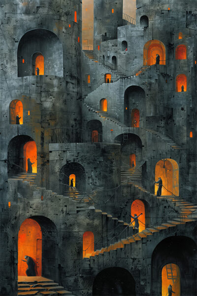 A labyrinth of stone staircases and archways with glowing orange doorways; silhouetted figures stand or walk throughout the maze-like structure. Surreal art print available in A1 to A4 sizes.