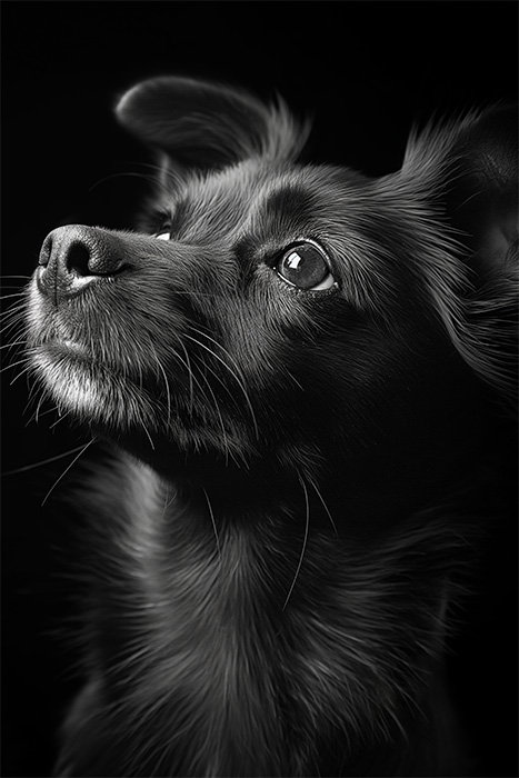 product-image-2-3 Close-up of a small dog with upright ears looking upward against a black background, with light highlighting its fur and face. Dog print available in A1 to A4 sizes.