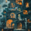 A surreal multi-level building with glowing archways, staircases, and silhouetted people in various rooms, set against a moody, blue-toned background with trees. Surreal art print available in A1 to A4 sizes.