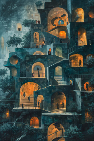 A surreal multi-level building with glowing archways, staircases, and silhouetted people in various rooms, set against a moody, blue-toned background with trees. Surreal art print available in A1 to A4 sizes.