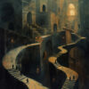 A winding stone staircase weaves through a vast, maze-like structure with multiple arches, doorways, and figures in dark cloaks scattered along the paths. Surreal art print available in A1 to A4 sizes.