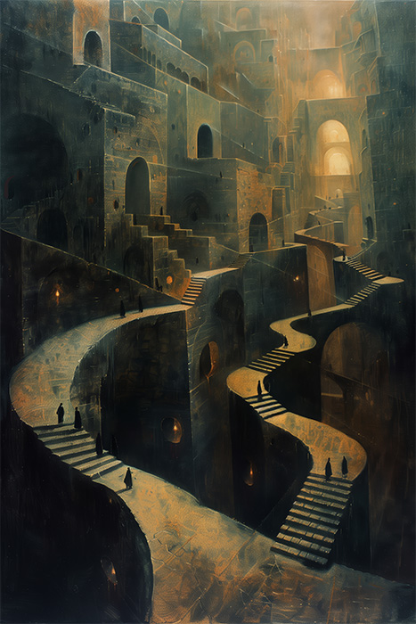 product-image-2-3 A winding stone staircase weaves through a vast, maze-like structure with multiple arches, doorways, and figures in dark cloaks scattered along the paths. Surreal art print available in A1 to A4 sizes.