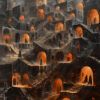 A labyrinthine cityscape with multi-level stone buildings and arches, illuminated by warm orange lights, with silhouetted figures walking on stairs and pathways. Surreal art print available in A1 to A4 sizes.