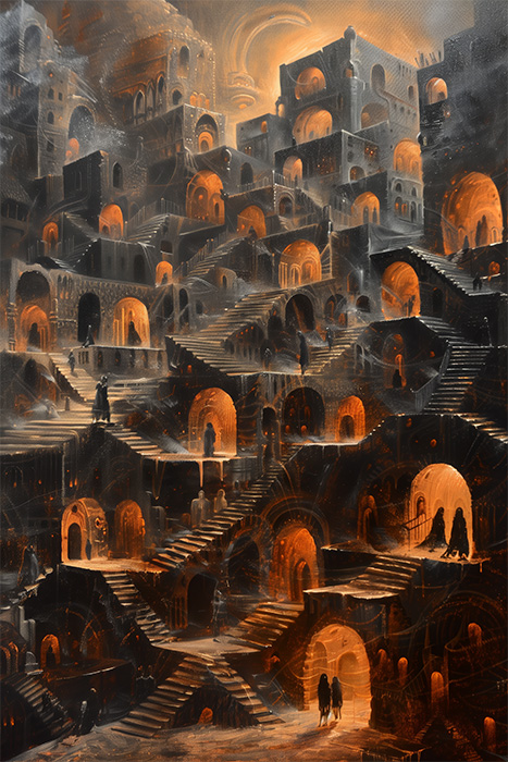 product-image-2-3 A labyrinthine cityscape with multi-level stone buildings and arches, illuminated by warm orange lights, with silhouetted figures walking on stairs and pathways. Surreal art print available in A1 to A4 sizes.