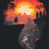 A silhouette of a person with a sword stands on a cliff, overlooking a river valley and mountains at sunset, framed by trees and a glowing orange sky. Gaming poster available in A1 to A4 sizes.