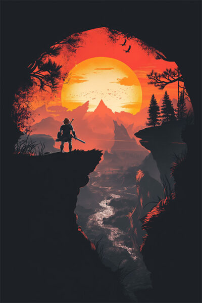 A silhouette of a person with a sword stands on a cliff, overlooking a river valley and mountains at sunset, framed by trees and a glowing orange sky. Gaming poster available in A1 to A4 sizes.