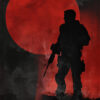 Silhouette of an armed soldier standing against a large red circle on a dark, textured background. Gaming poster available in A1 to A4 sizes.