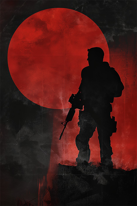 product-image-2-3 Silhouette of an armed soldier standing against a large red circle on a dark, textured background. Gaming poster available in A1 to A4 sizes.