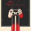 Stylized illustration of a video game controller with red and orange streaks extending downward, set against a dark geometric background. Gaming poster available in A1 to A4 sizes.