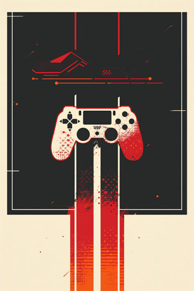 Stylized illustration of a video game controller with red and orange streaks extending downward, set against a dark geometric background. Gaming poster available in A1 to A4 sizes.